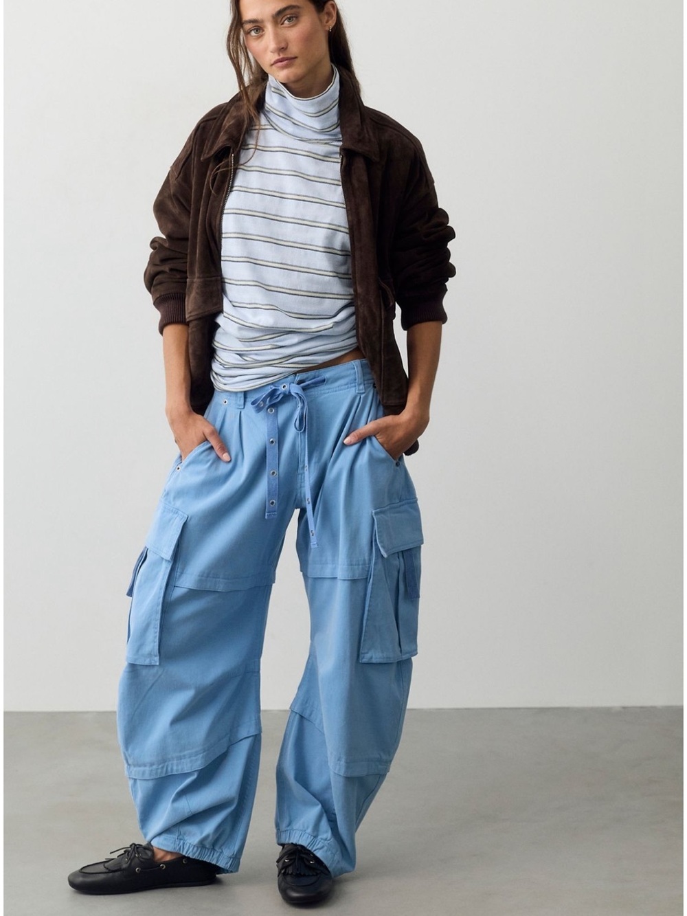 Free People We The Free Reef Curved Twill Cargo Pants Large Dusk Blue NWT barrel